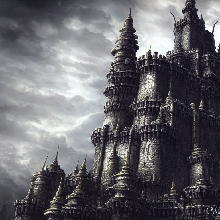 Gothic castle with tall spires under cloudy sky