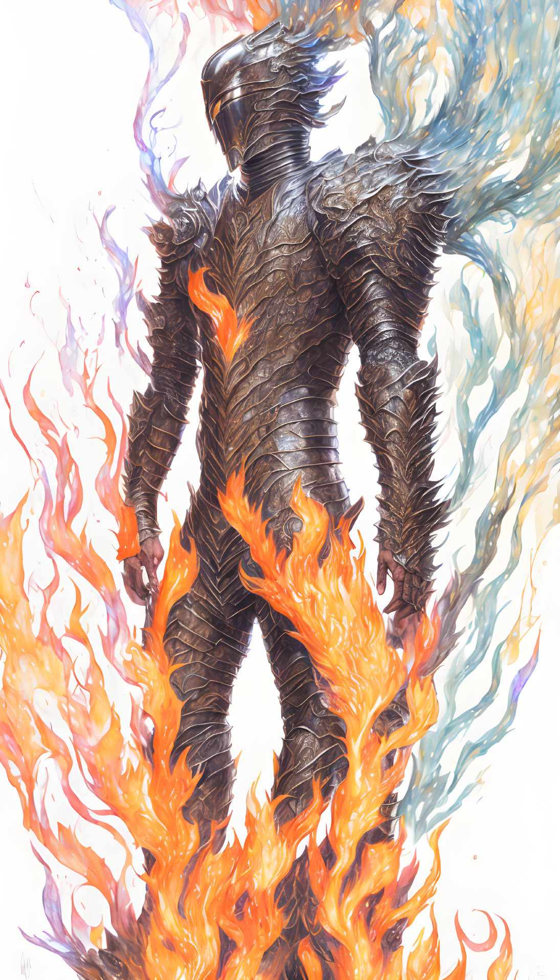 Knight in flaming armor with blue and orange fire on light background