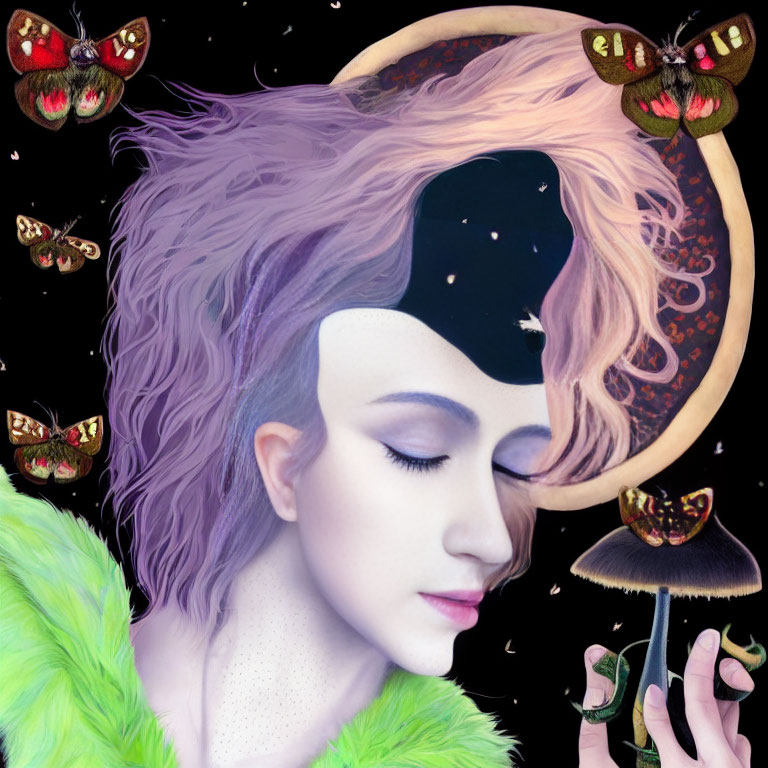 Surreal portrait featuring person with purple hair and crescent moon headpiece, surrounded by butterflies and