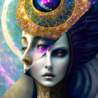 Surreal portrait of a woman with blue skin and ornate floral and celestial motifs