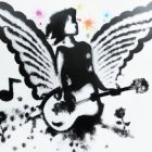 Colorful angelic figure with guitar in dynamic paint splashes