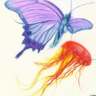 Colorful Butterfly and Jellyfish Artwork: Blue and Purple Wings Meet Red-Orange Bell and Yellow