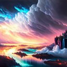 Fantasy landscape digital artwork with castle, waterfalls, sunset sky