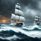 Sailing ships in turbulent seas under fiery stormy sky