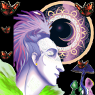 Surreal portrait featuring person with purple hair and crescent moon headpiece, surrounded by butterflies and