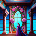 Woman in Purple Gown Reflecting Sky in Oval Mirror in Elegant Hall