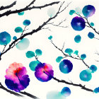 Colorful Floral Painting with Cherry Blossoms on Dark Branches