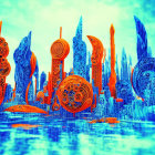 Surreal cityscape with blue and orange buildings reflected in water