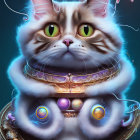 Detailed illustration of fluffy grey and white cat with futuristic glowing collar