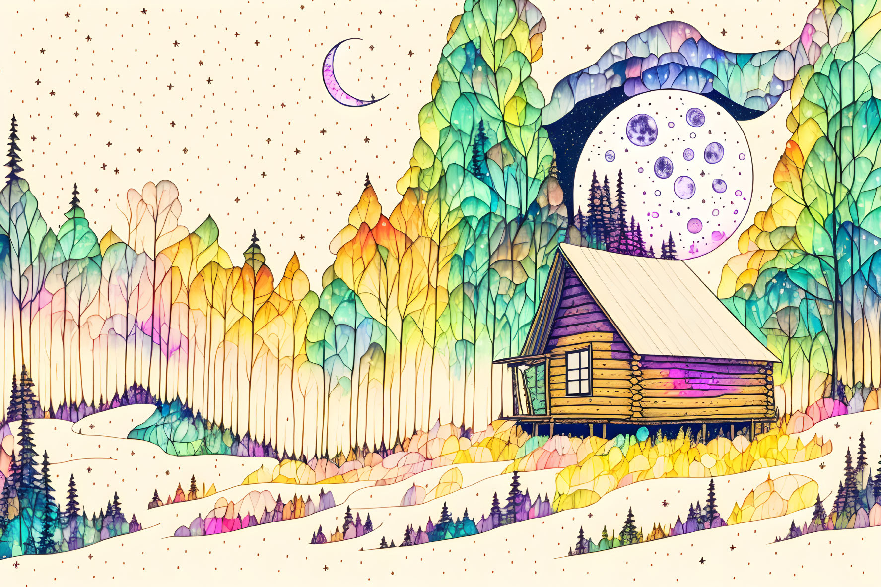 Colorful Forest Cabin Illustration Under Moonlit Sky