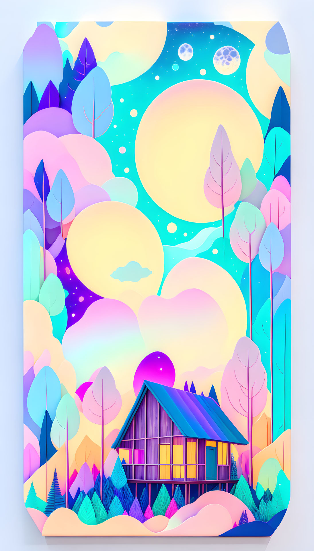 Colorful forest cabin illustration with oversized moons in dreamy setting