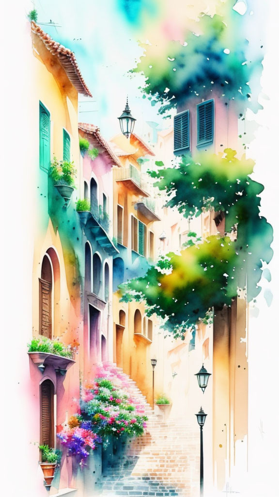 Vibrant watercolor painting of a colorful alley with pastel buildings and lush greenery