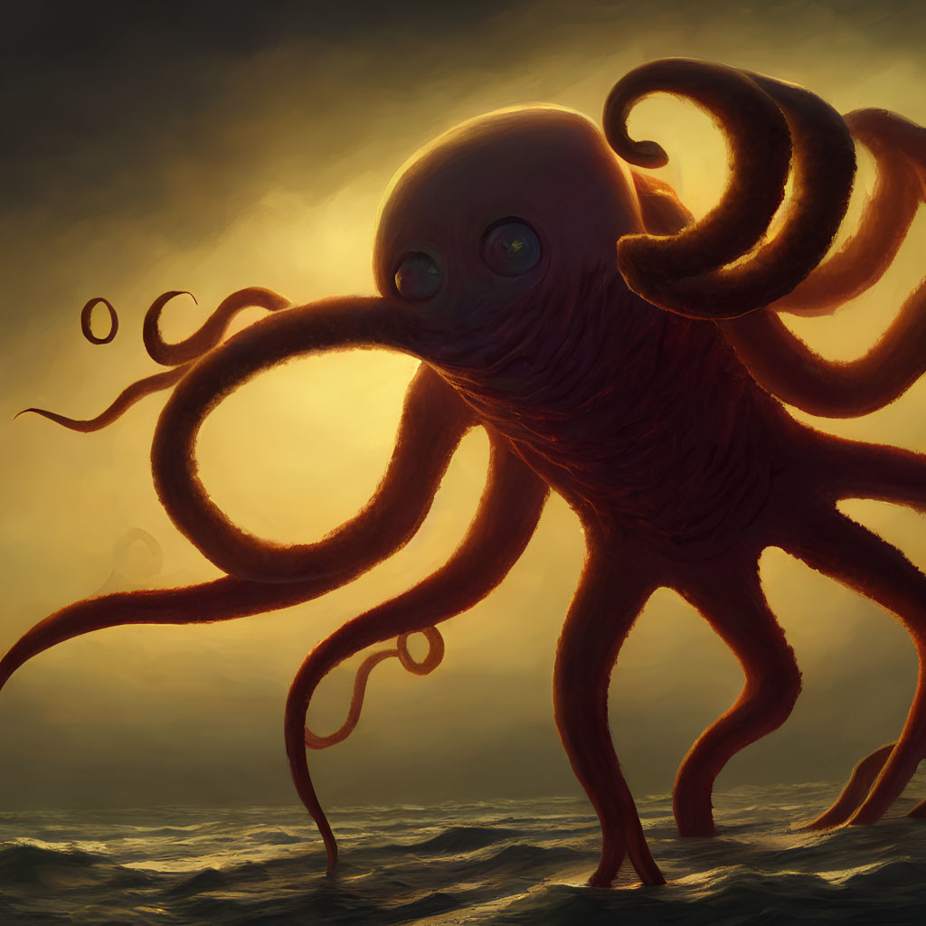 Giant red octopus illustration under stormy golden sky