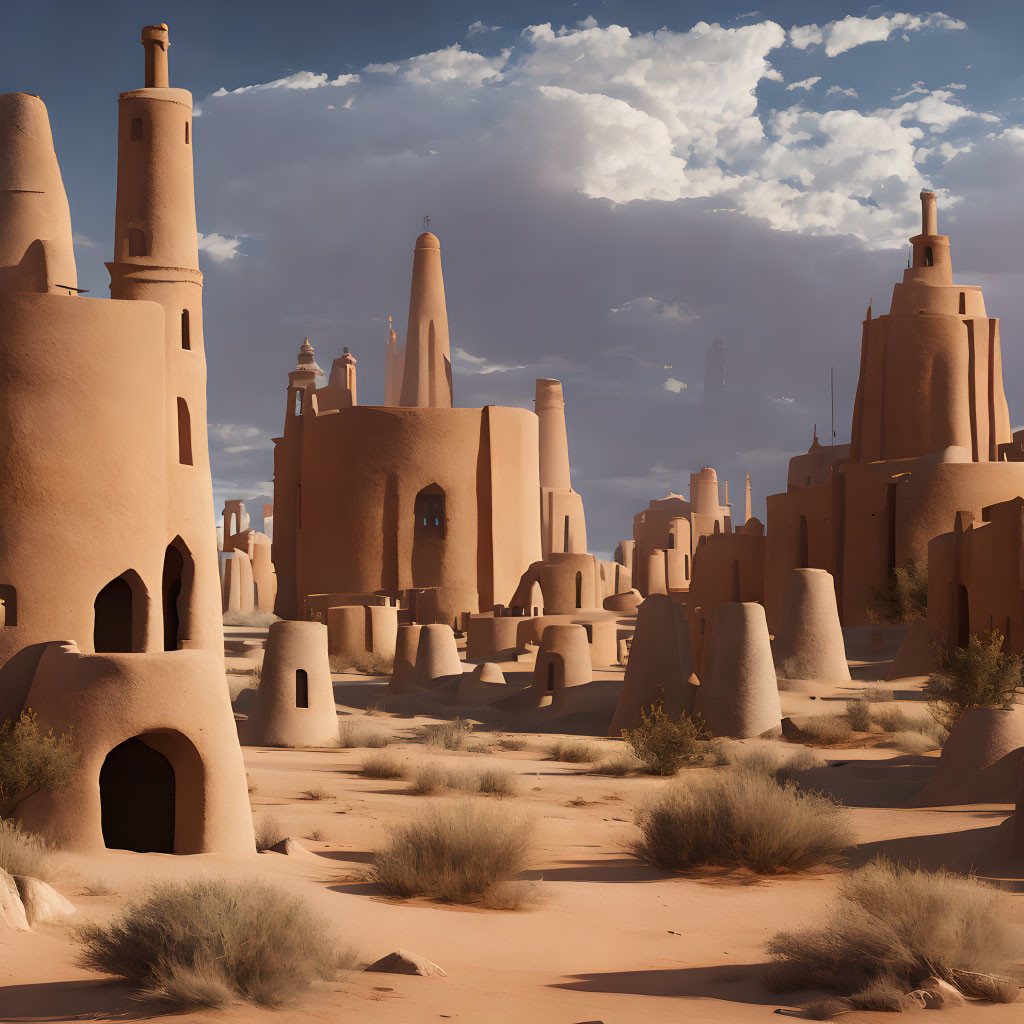 Traditional earthen buildings in serene sandy landscape under clear sky