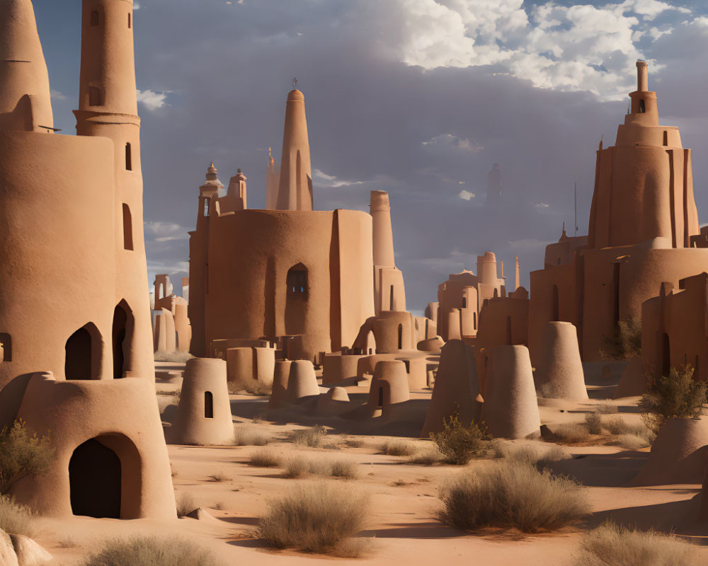 Traditional earthen buildings in serene sandy landscape under clear sky