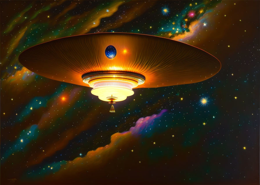 Saucer-shaped UFO Artwork with Glowing Lights in Cosmic Backdrop