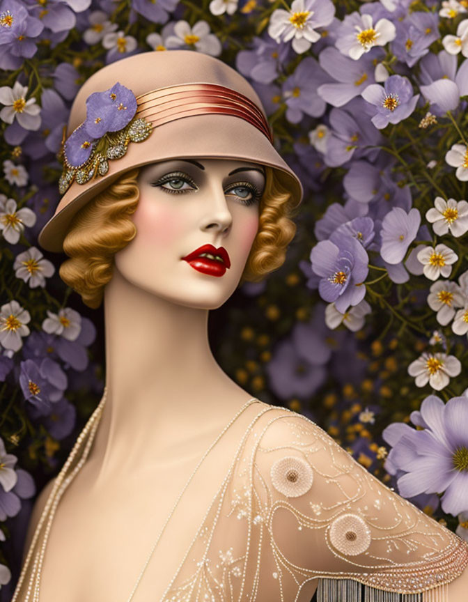 Stylized 1920s portrait of a woman with red lips, cloche hat, and