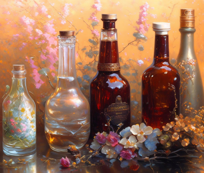 Vintage glass bottles and pink flowers in elegant still life painting