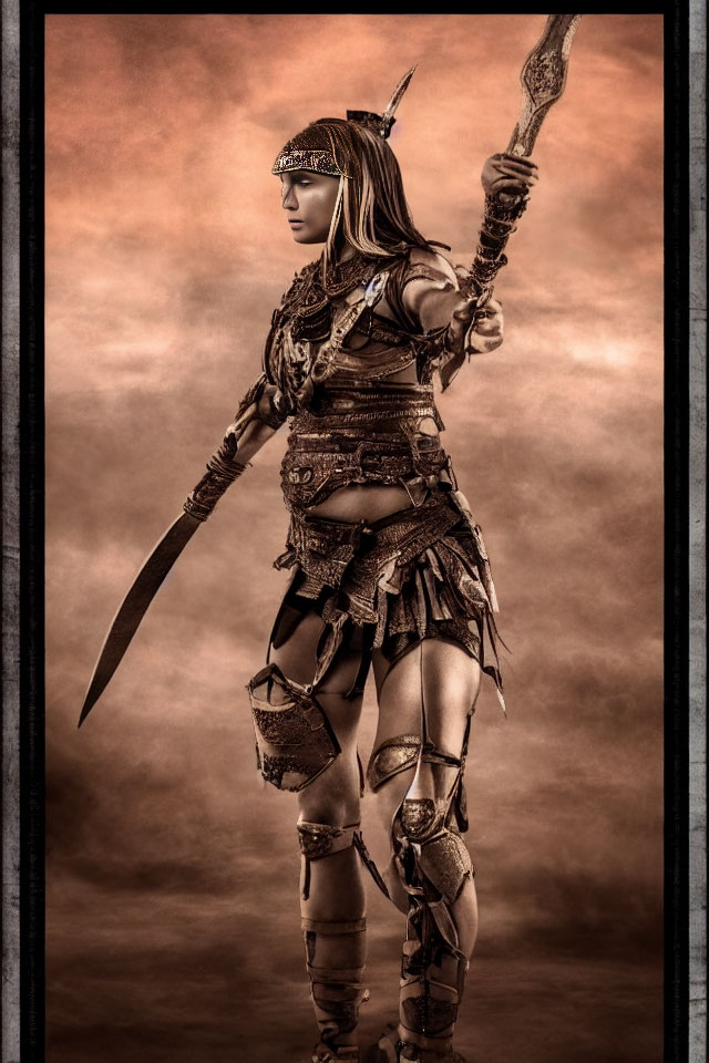 Sepia-toned female warrior in fantasy armor with spear and sword against cloudy backdrop