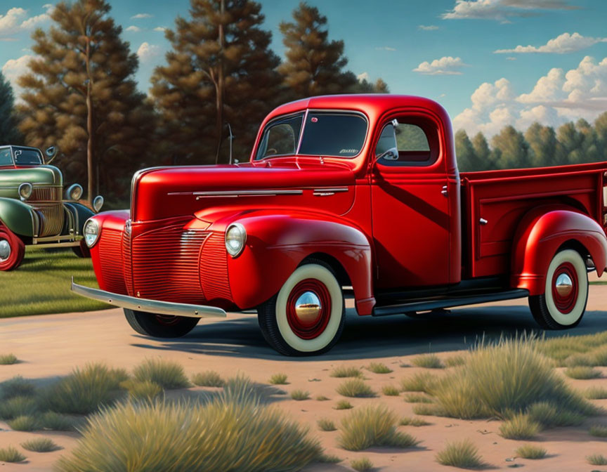 Vintage red pickup truck on sunny day with serene landscape and lush trees.