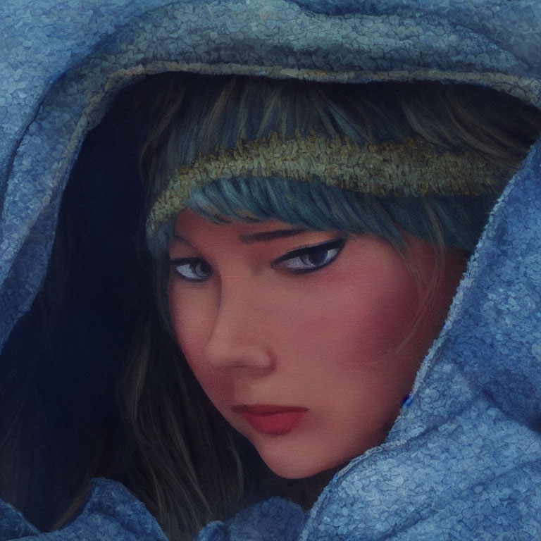 Close-up of person with blue hair in textured blue hooded garment looking sideways.