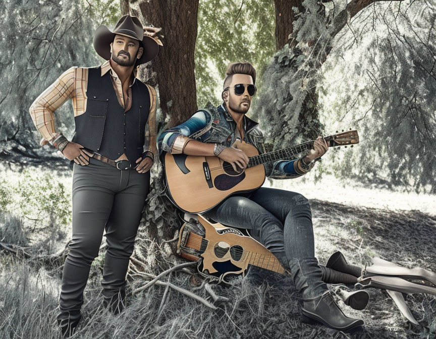 Cowboy-themed image: Two men playing guitar in forest