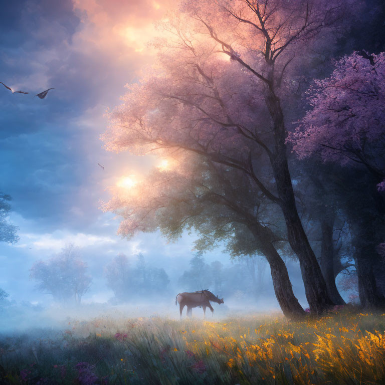 Foggy Sunrise Landscape with Horse, Pink Blossoms, Yellow Flowers, and Birds