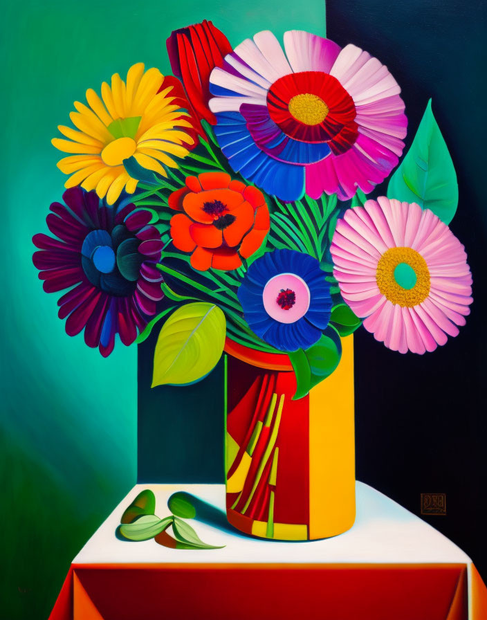 Colorful Flower Bouquet Painting on Striped Vase with Red Cloth