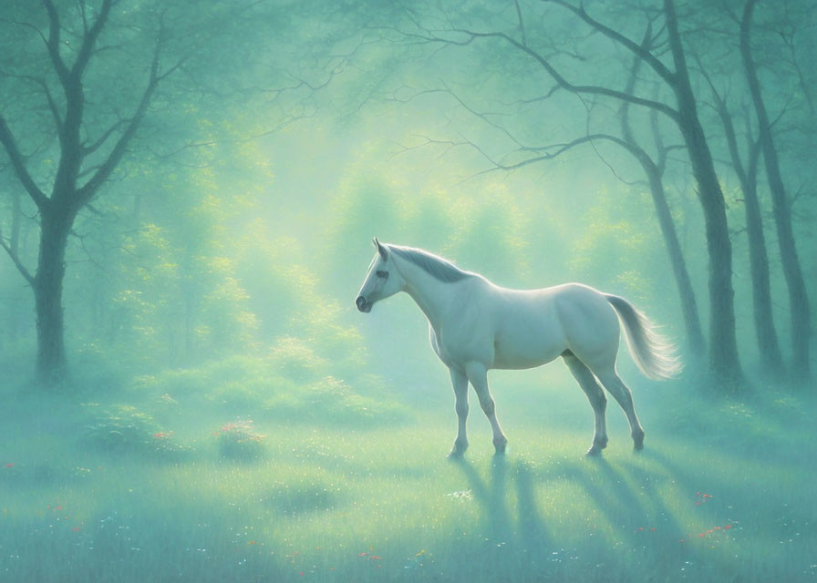 White Horse in Sunlit Forest Clearing with Red Flowers and Green Light