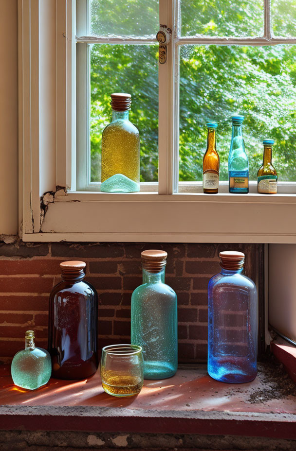 Assorted colored glass bottles on sunny windowsill