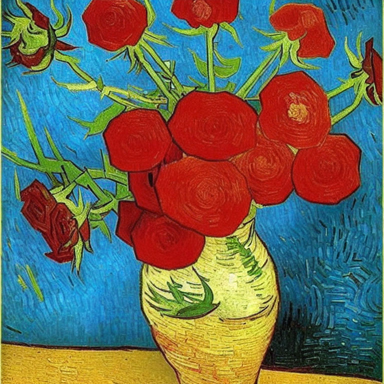 Colorful painting of red roses in yellow vase on bold blue background