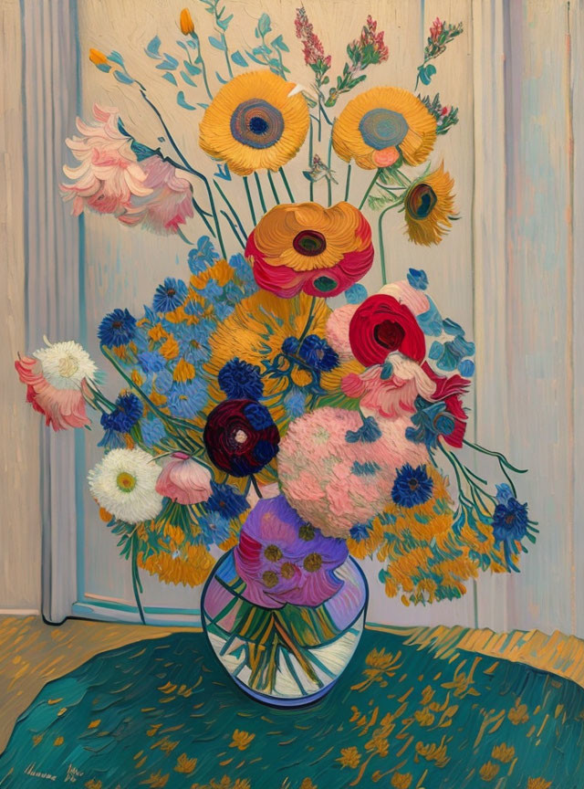 Colorful bouquet in glass vase on wooden table - vibrant painting