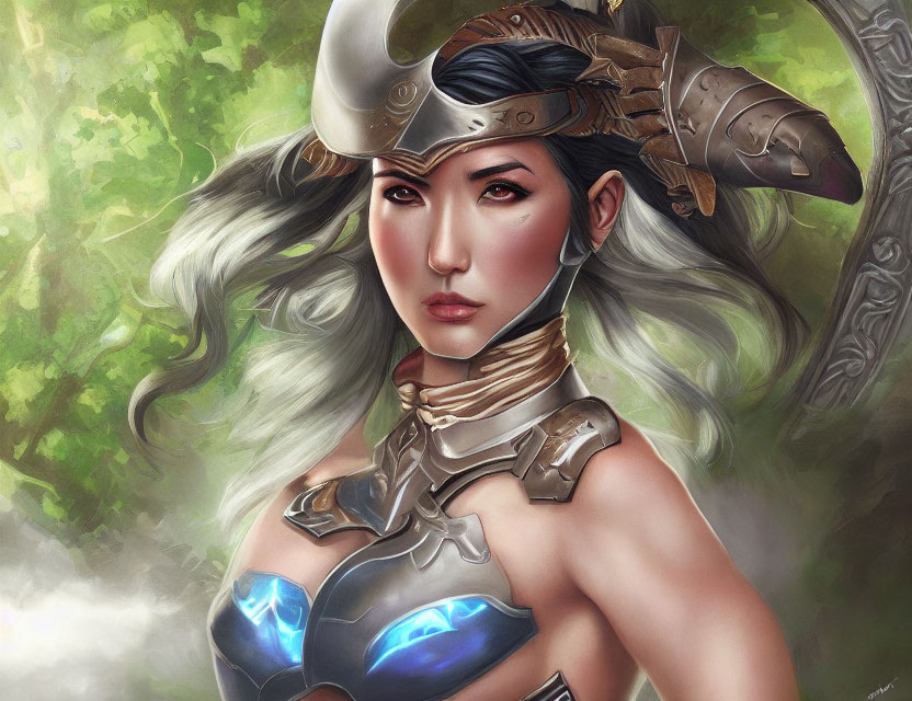 Warrior woman digital painting with silver armor & horned helmet