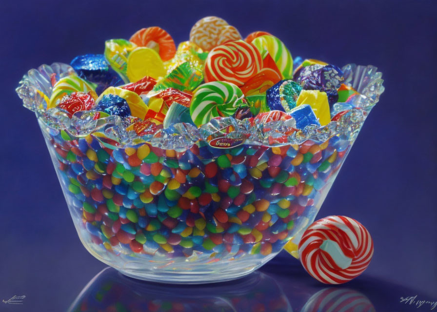 Colorful Candies and Lollipops in Glass Bowl on Blue Background