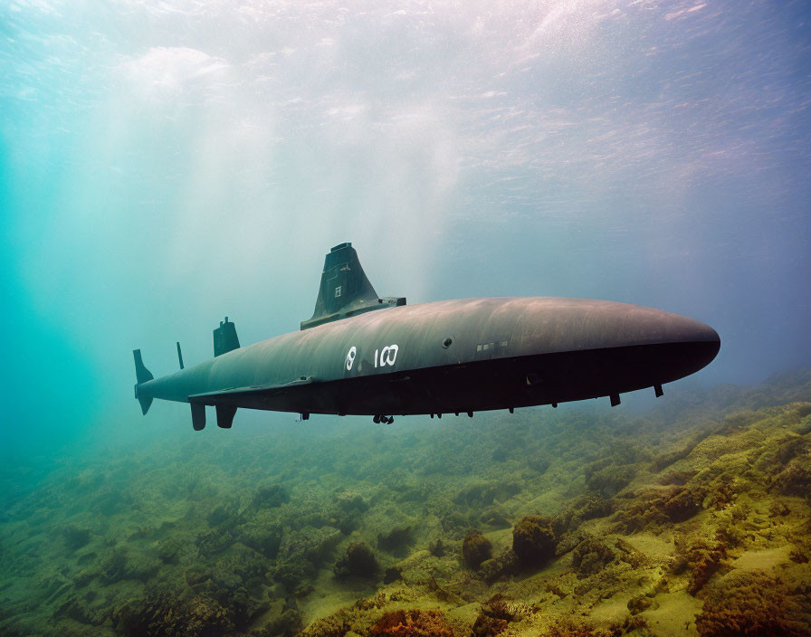 Sunlit submarine exploring coral reef in clear waters