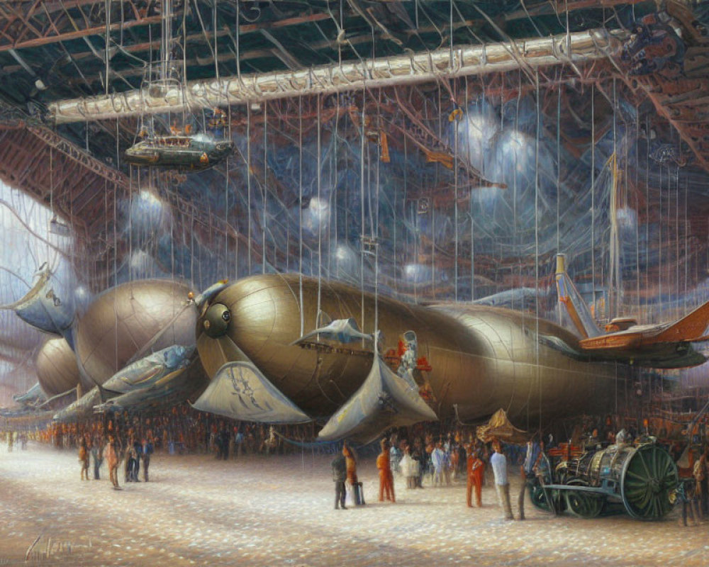 Steampunk-style hangar with dirigibles, Victorian attire, advanced machinery, historical, futuristic blend