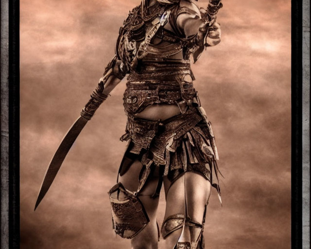 Sepia-toned female warrior in fantasy armor with spear and sword against cloudy backdrop