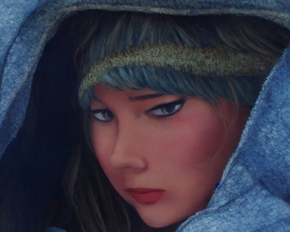 Close-up of person with blue hair in textured blue hooded garment looking sideways.