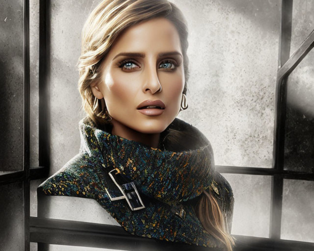 Stylized woman portrait with blue eyes, scarf, earrings, and contemplative expression behind window frames