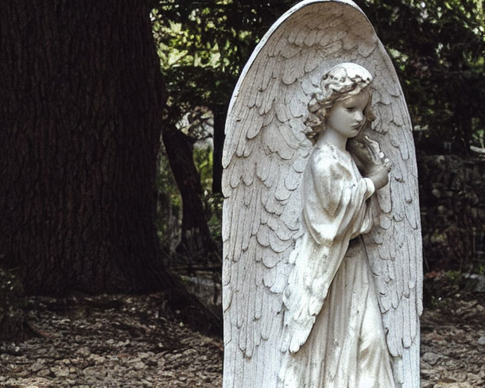 Serene angel statue with folded wings and clasped hands amid autumn scenery