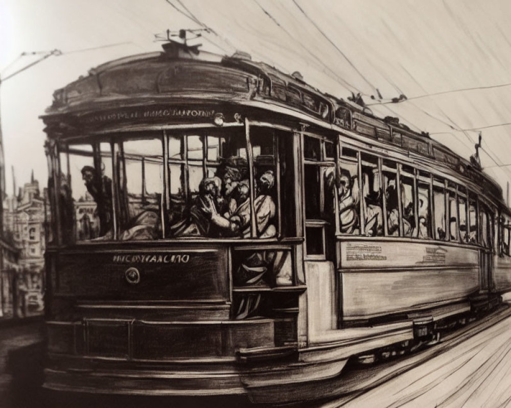 Detailed black & white vintage tram sketch in a city street scene.