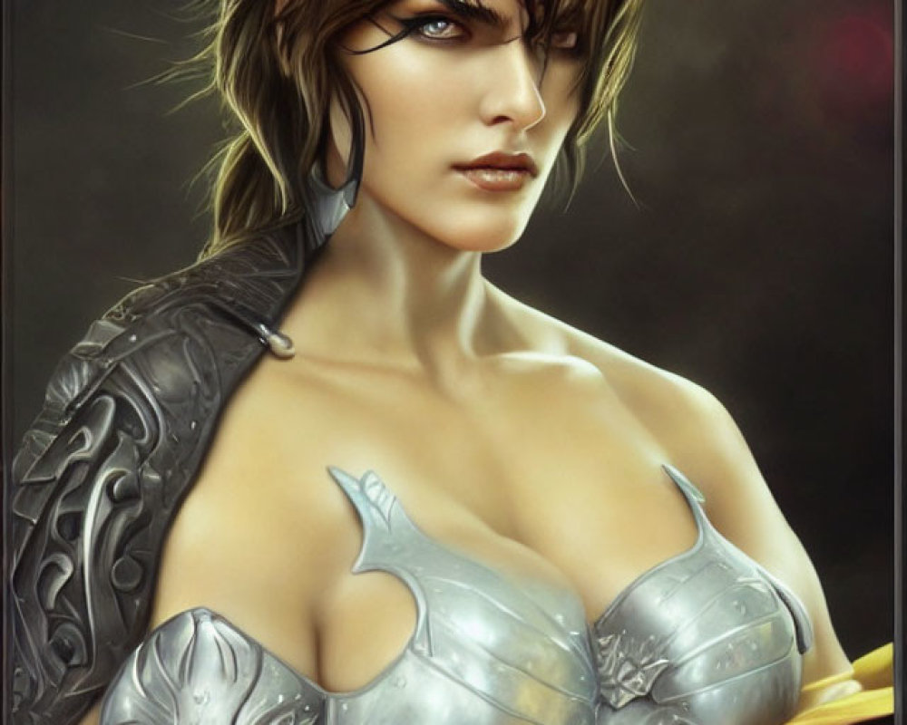 Female warrior in silver fantasy armor with golden scarf, brown hair, intense gaze