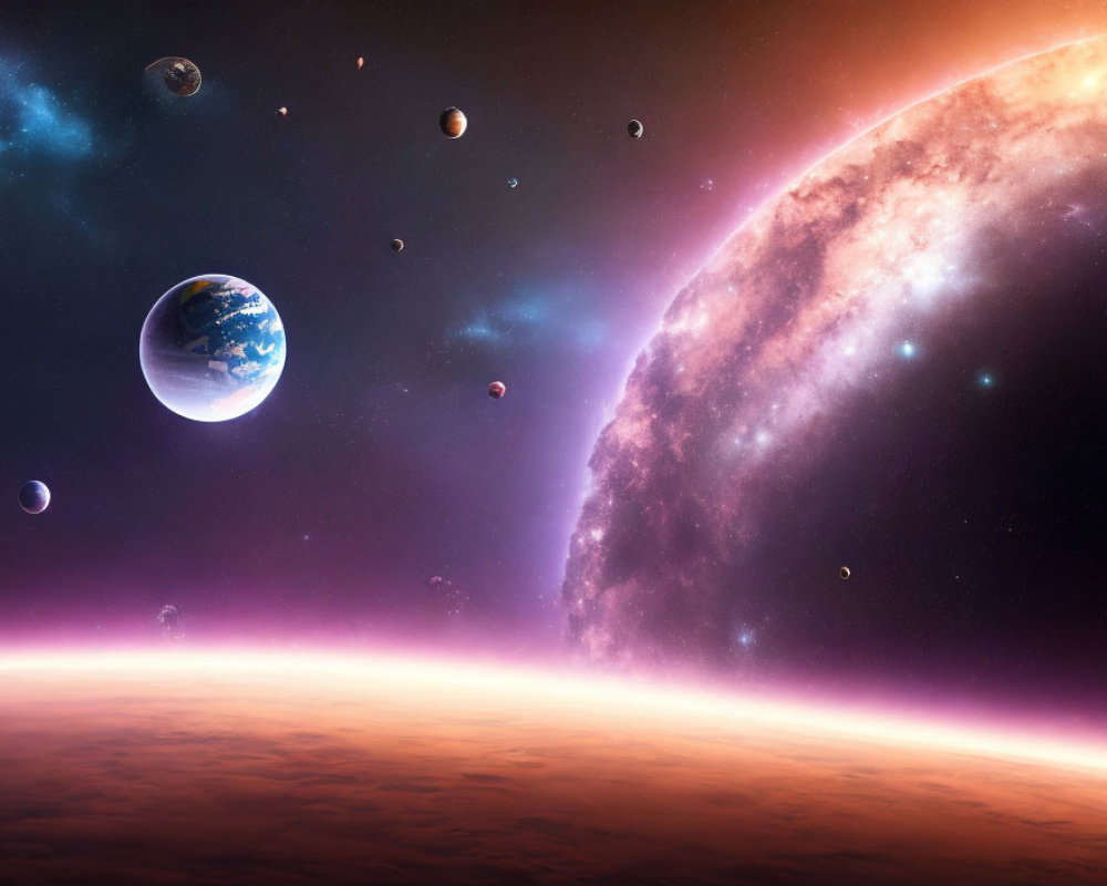 Colorful Space Scene with Earth-like Planets and Bright Star in Vibrant Display