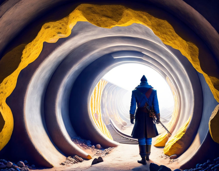 Person in Blue Coat and Hat at Entrance of Brightly-Lit Yellow-Accented Tunnel