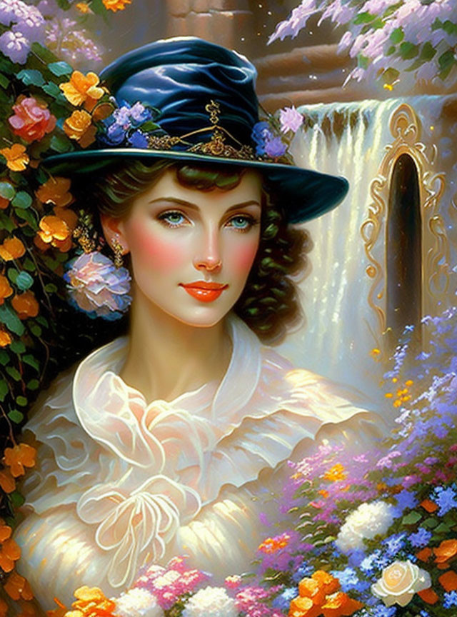 Portrait of Woman in Vintage Blue Hat and White Blouse with Floral Background