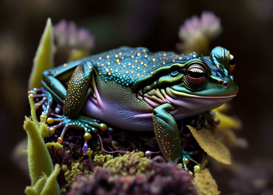 Colorful Frog on Dark Surface Amidst Green Foliage