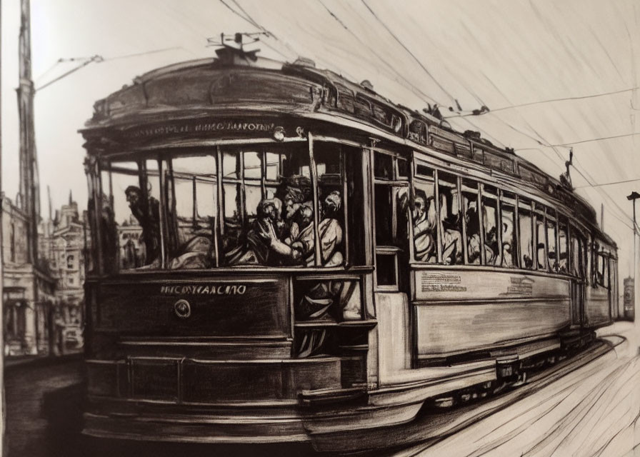 Detailed black & white vintage tram sketch in a city street scene.