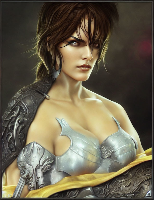 Female warrior in silver fantasy armor with golden scarf, brown hair, intense gaze