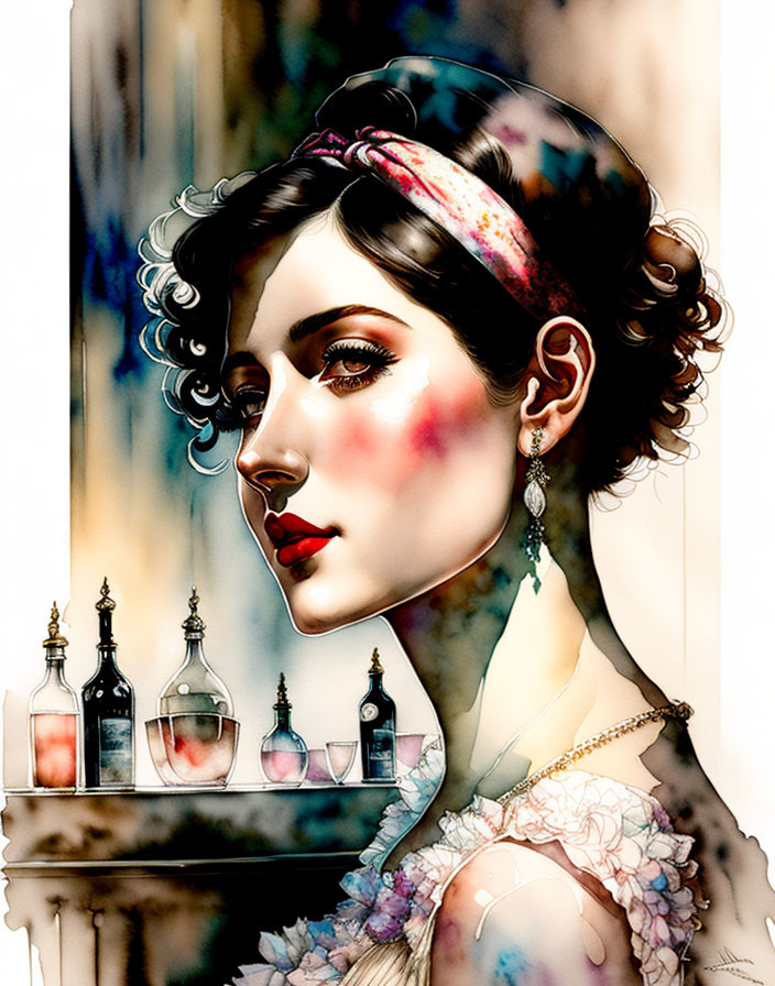 Illustrated woman with headband, curly hair, red blush, and floral attire among perfume bottles