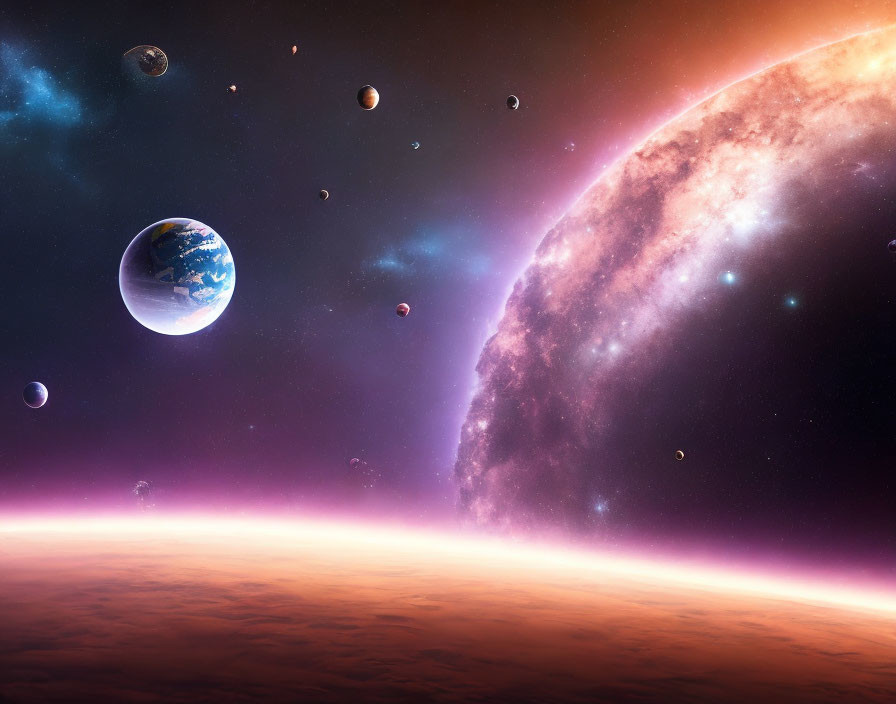 Colorful Space Scene with Earth-like Planets and Bright Star in Vibrant Display